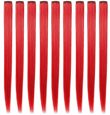 XIRRWWH 9 Stücke 21 Inch Farbe Haarverlängerung Clip in, Rot Haarteile Heat Resistant Gerade Multicolor Haarschmuck Festive Dress (Rot)