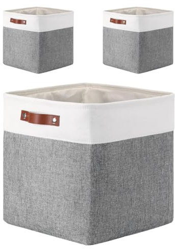 Mangata Kallax Storage Boxes, Set of 3 Fabric Storage Cubes with Handles(33x38x33cm, Grey White)