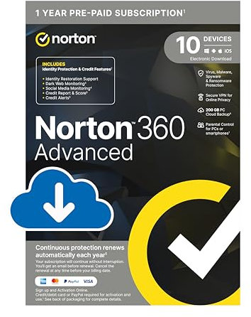 Norton 360 Advanced 2025 | 10 Devices and ‎12 Month Subscription ‎‎Automatic Renewal, Includes Identity Resoration Support, Social Media Monitoring & VPN, PC/Mac/iOS/Android |Activation Code by email