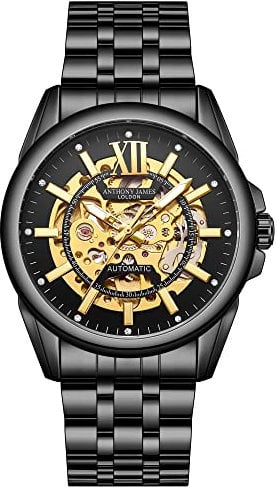 Anthony James Mystique Automatische Armbanduhren Herren - Handmontierte Wasser- & Kratzfeste Analoguhr mit 21 Juwelen Gold Skelett Zifferblatt Analoge Uhren Herren, Schwarz , Armband