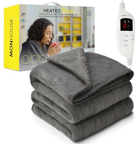 MONHOUSE Heated Throw - Electric Blanket - Digital Controller - Timer up to 9 hours, 9 Heat Settings, Auto Shutoff - Machine Washable - Single 130X160cm - Dark Grey Shearling