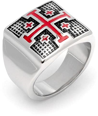 Schmuck-Checker Templer Orden Ring Jerusalem-Kreuz massiv Edelstahl 316L silber Rot Kreuzritter Tempelritter Grabritter Christlicher Schmuck rotes Kreuz