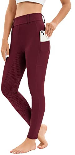 Reitleggings Damen Vollbesatz mit Handytasche, High Waist Reithose Damen Mädchen Stretch mit Gürtelschlaufen Rot M