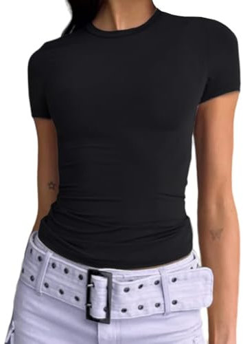 ForeFair Cauasl Basic Damen-T-Shirt, kurzärmelig, einfarbig, schmale Passform, Rundhalsausschnitt, Sommer, Y2k, Schwarz, Groß