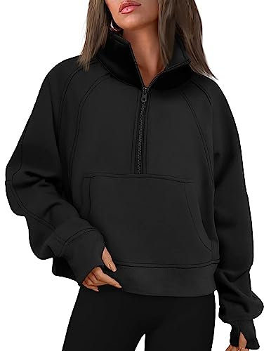 Timuspo Damen Half Zip Cropped Sweatshirt Stehkragen Langarm Pullover Winter Athletic Kasack Fleece Sweatjacke