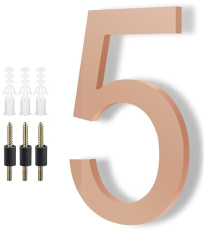 Modern House Numbers for Outside - DEWEL Floating Large 8 Inch Brass Address Numbers for House, Door, Farmhouse, Street - Both Floating & Flush Styles - House Number 5