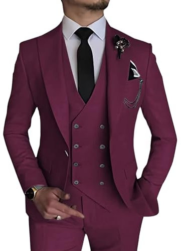 MOGU Herren 3-teiliger Anzug Slim Fit Smoking für Homecoming Hochzeit Abschlussball Blazer Jacke Weste Hose mit Krawatte Set, Burgunder, M