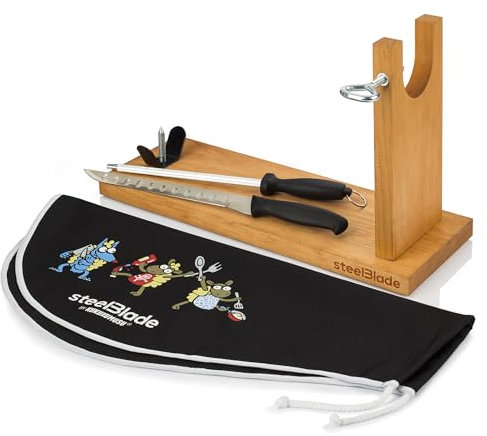 steelBlade - Jamonero + Cubre Jamón Kukuxumusu + Cuchillo Jamonero y Chaira - Soporte Jamonero fabricado en España
