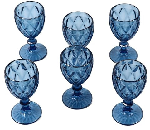 BROLEO Set retrò da 6 Bicchieri da Vino Lunghi Blu Arrotondati con Set da 240 Ml con Oggetti Antichi per Bicchieri da Vino