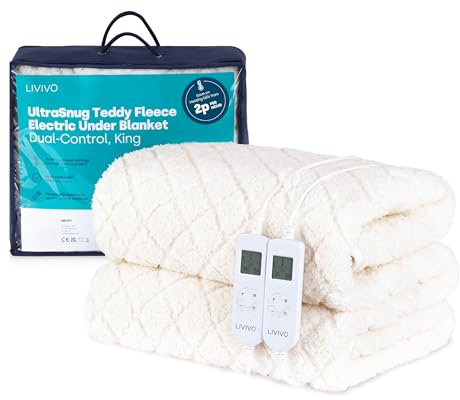 LIVIVO King Electric Under Blanket – UltraSnug Teddy Fleece Heated Mattress Cover with Dual Controllers, 10 Temperature Levels, Timer, Auto Shut-Off & Washable Design - Off-White