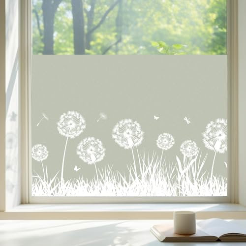 dktie Fensterfolie Blickdicht Sichtschutzfolie Fenster Milchglasfolie Löwenzahn Muster Statisch Haftend Anti-UV Kein Kleber Wiederverwendbar Geeignet für Wohnzimmer, Schlafzimmer 44,5 x 200 cm