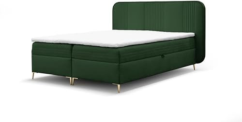 FURNISTAR Boxspringbett GINA Doppelbett mit Bonellmatratze Topper und Bettkasten Bett Glamour Polsterbett mit abgerundetem Kopfteil Modern Schlafzimmer Vintage Schlafzimmerbett (180x200 grün)