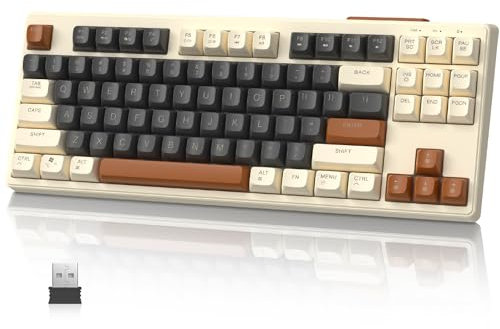 MAMBASNAKE M87 TKL 87 Keys-Dual Mode Wireless Gaming Keyboard, Bluetooth/2.4Ghz, PBT Ball Keycap, 4000mAh Rechargeable Battery, Mixed Color Rainbow Backlit Keyboard with Mechanical Feeling-Coffee