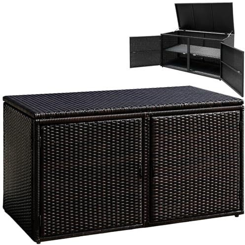 COSTWAY 330L Garden Storage Box, 2-Tier Waterproof Rattan Deck Box Chest with Pneumatic Rod, Lid & Front Doors, Outdoor Patio Storage Bench Table for Cushion Tool Toy (Black)