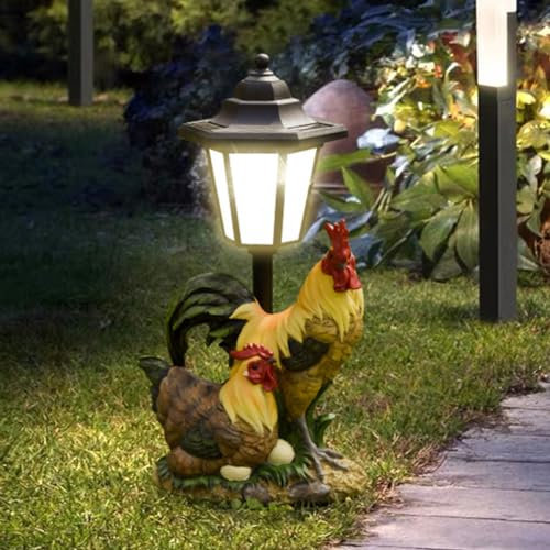 Solar Gartenfiguren Gartenstatuen LED, Harz, Garten Statue Solarlampen für außen, Gartendeko Beleuchtung, Deko Lampe Solarleuchten für Garten, Hof (Hahn und Henne)