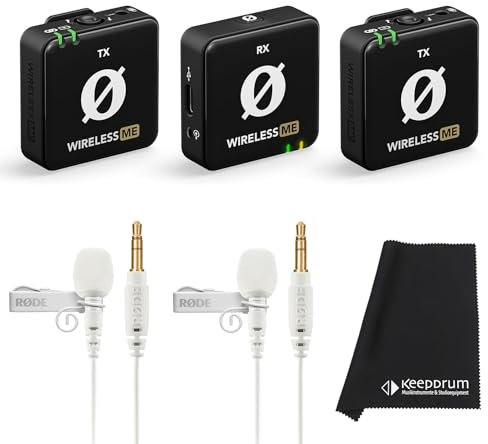 Rode Wireless ME Dual Mikrofon Funksystem + 2X Lavalier GO Weiss Ansteckmikrofon + keepdrum Mikrofasertuch