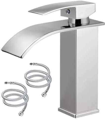 Basin Taps Waterfall Bathroom Sink, Basin Mixer with Single Lever Chrome Brass, Square Bathroom Sink Taps Hot and Cold Water Mixer with UK Standard Hoses