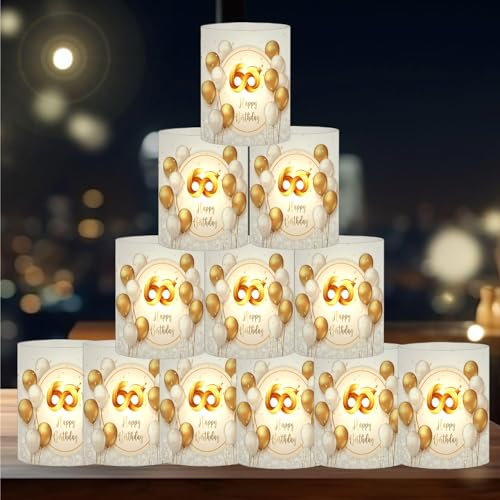 12 Windlicht Tischdeko 60 Geburtstag, Deko 60. Geburtstag, Geburtstagsdeko 60, Party Deko 60 Geburtstag Gold, Geeignet für Teelichter oder Kerzen (Happy Bithday 60th)
