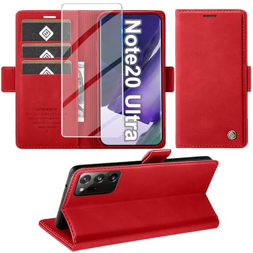 Handyhülle für Samsung Galaxy Note 20 Ultra Hülle mit Schutzfolie, Schutzhülle Note 20 Ultra 5G PU Leder Wallet Flip Case Standfunktion Kartenfach Klapphülle für Samsung Note 20 Ultra Cover (Rot)