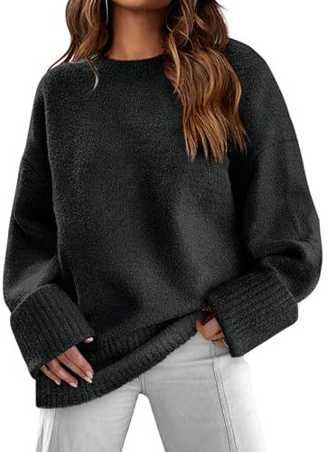 Jhsnjnr Women's Jumpers Oversized Long Sleeve Fuzzy Pullover Tops Loose Crew Neck Knitted Chunky Sweater Black