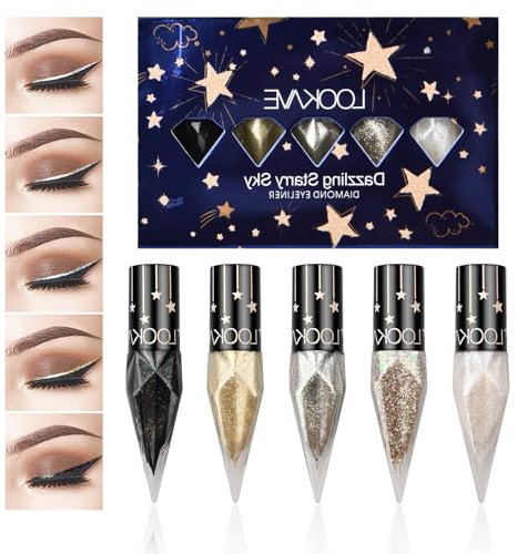 5 Couleurs Glitter Eyeliner Liquide, Diamant Scintillant Eyeliner, Ensemble Imperméable Eye-liner, Fard à Paupière Paillette Liquid, Imperméable Longue Tenue, pour Festival Fête Maquillage (B)