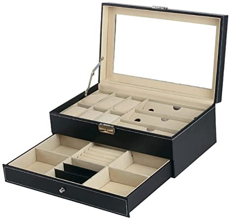HAODUOO Uhrenetui, Uhrenrolle, Uhrenbeweger, Uhren-Organizer, multifunktional, 2 Schichten, 6 Fächer, Uhrenbox, 3 Gitter, Brillen-Schmuck-Aufbewahrung, Organizer, Uhrenbox, Uhren-Organizer