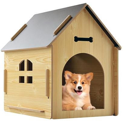 Hundehütte aus Holz mit Dach, Hundehütte aus Holz im Freien, Hundehütte mit abnehmbarem Hundehütte, Hundehütte, regenfestes Katzenhaus für den Außenbereich für Terrasse, Terrasse, Cort