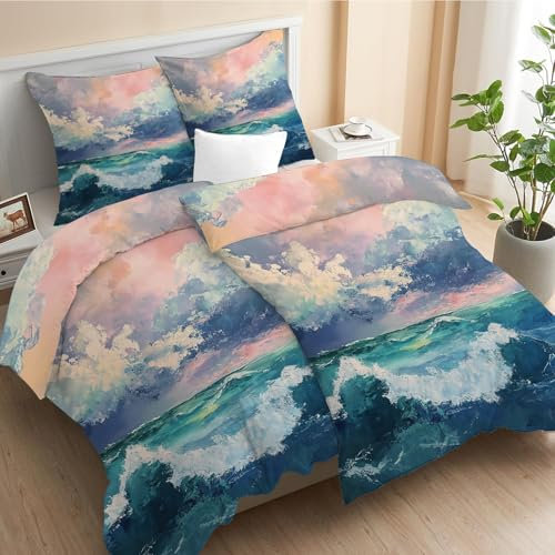 FamHarbor Bettwäsche 135x200 4 teilig, Japanische Wellen Bettbezüge 135x200 cm 2er Set mit 2 Kissenbezüge 80x80cm, Moderner Stil Muster Mikrofaser Bettwäsche-Sets mit Reißverschluss, A535