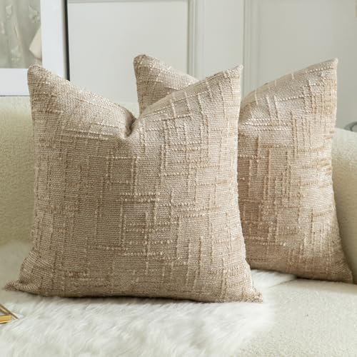 Mandioo 2er Set Chenille Kissenbezug Dekorativer Kissenbezüge Gemütlicher weichen Kissenhülle Sofakissen Dekokissen Couchkissen Zierkissenbezug Schlafzimmer Wohnzimmer 50x50 cm Kamel