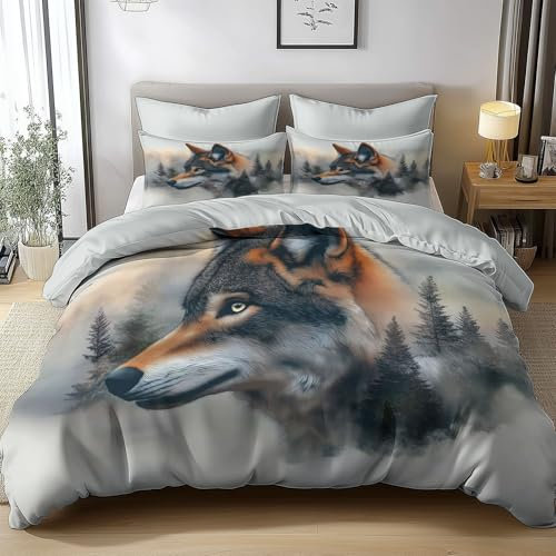 Funda Nordica Cama 105 Pintura En Tinta Lobo Gris 200x200cm Suave Juego de Ropa de Cama Microfibra Juego de Funda Edredon, 2 Fundas de Almohada 50 x 75 cm Cuidado Fácil