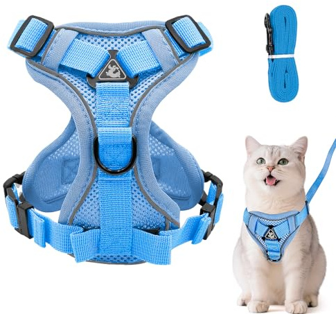 Verstellbares Katzengeschirr Ausbruchsicher, Katzengeschirr mit Leine Set, Softgeschirr für Katze Brustgeschirr für Katzen Kitten Hunde Welpen (Hellblau, S)