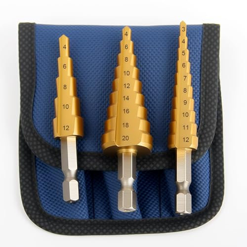 3PCS HSS Step Drill Bit Set, Titanium Coated 3-12mm 4-12mm 4-20mm Drilling Tools for Hard Stainless Steel Cast Iron Cone Hole Cutter Stepped Drill Bits for Sheet Metal Plastic Wood DIY Projects