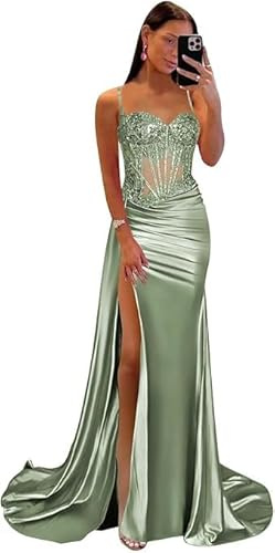Satin Prom Dresses Mermaid Pleated Long Ball Gown with Slit Lace Appliques Corset Evening Formal Gown