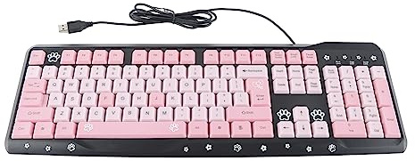 Tyenaza Teclado USB Ultrafino con Cable, Teclado para Portátil con Diseño de Gato de Dibujos Animados, Teclado Universal para Ordenador, para Ordenador Portátil de Oficina en Casa(Negro Rosa)
