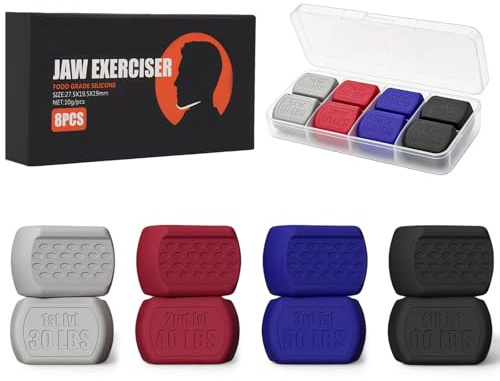FSAIYIJ 8 Pack Jaw Trainer, Silicone Jaw Exerciser, 4 Levels, 30-60 LBS | 8-piece silicone jaw training set with 30, 40, 50 and 60 LBS resistance levels, textured bite surfaces and storage case