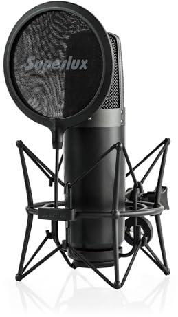 Superlux CMH8AMKII 1-Inch Cardioid Condenser Microphone Kit for Vocals | For vocalists and home studios; 1-inch gold diaphragm, 5dB(A) self-noise, shock mount, pop filter and 5m XLR cable.