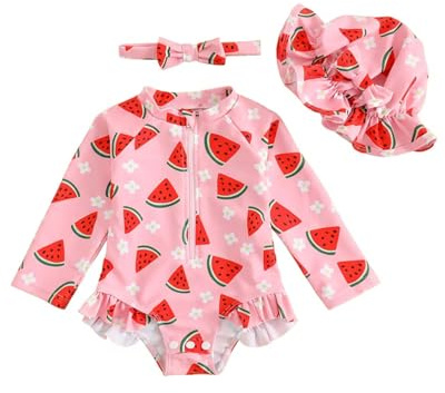 UV Badebekleidung Baby Badeanzug Mädchen Gr 62-98, Langarm UV Kleidung Baby UV Shirt Mit Hut & Stirnband, Kleinkinder UV Anzug Schwimmanzug Schutz, Rote Wassermelone 2-3 Jahre/92-98