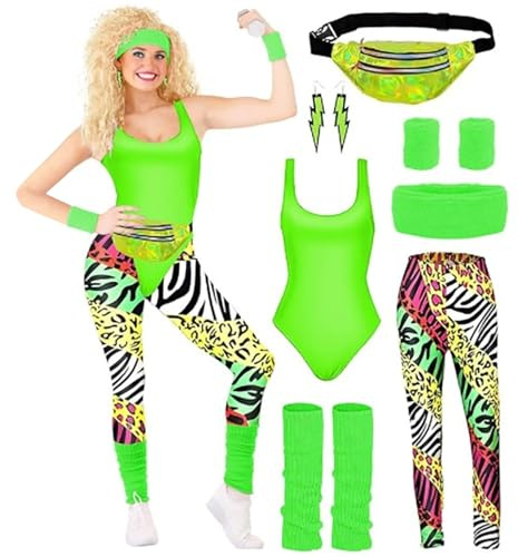 mojingder 80er Jahre Outfit Damen,90er Jahre Outfit Damen,Damens 80er Jahr Workout Kostüm,80s Jahr Accessoires,mit Bauchtasche,Stirnband,Beinwärmer,für Karneval Halloween Partie S-XL
