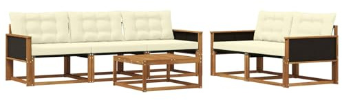 vidaXL Outdoor-Sofagarnitur mit Kissen 6 pcs Natur und Creme, Garten-Sofa, modernes Ecksofa, Robustes Loungemöbel, stilvolle Terrasse, Bequeme Sitzgruppe