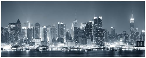 Wallario Memoboard aus Glas mit Motiv, Magnet-Tafel in 32 x 80 cm in Premium Qualität New York Skyline - Schwarz Weiß Blau
