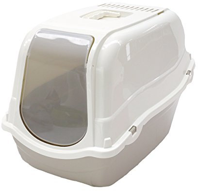 Rosewood Romeo Plastic Cat Litter Tray with Hood, Covered Cat Toilet, Charcoal Filter for Odour Control, Easy Clean - Mocha/White