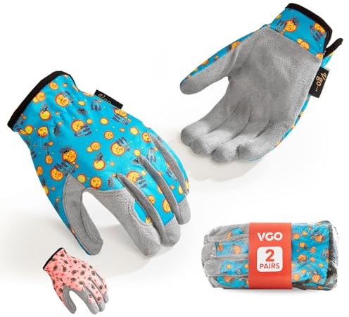 Vgo 2 Paar Kinder Gartenhandschuhe Alter 3-9 | Atmungsaktive Gartenarbeitshandschuhe | Freien Spiel, Radfahren & DIY Sicherheitshandschuhe, Maschinenwaschbar (2 Paar, Größe XS, Blau&Rosa, KID-MF7362)