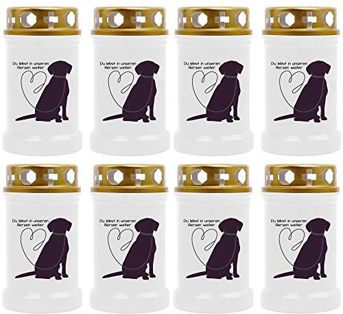 HS Candle Grabkerze - 8er Pack - (Weiß) Grablicht ca. 40h Brenndauer je Kerze - Motiv: Labrador