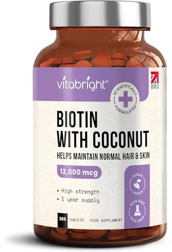 Biotin Hair Growth Vitamins 12000mcg, 400 D-Biotin Tablets with Coconut, Vegan Hair Skin & Nails Vitamins for Women and Men High Strength Fast Hair Vitamins, VitaBright Vitamin B7 Biotin for Hair