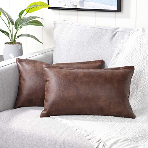 Yaertun 2er Pack Luxus Kunstleder und Baumwolle dekorative Kissenbezug Set Kissenbezüge Sofabezug Schlafzimmer Auto Kissenhülle?12x20inch 30x50cm Braun weiß Kissenbezug