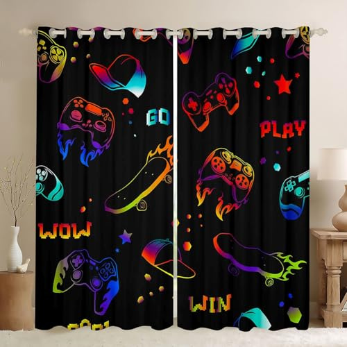 Homewish Gamepad Gaming Fenster Drapes für Jungen Skateboard Spiele Verdunkelungsvorhänge Hip Hop Skate Boarding Sport Vorhang Panels Gamer Hipster Gardinen Blickdicht Schlafzimmer 137x117cm Rot Blau