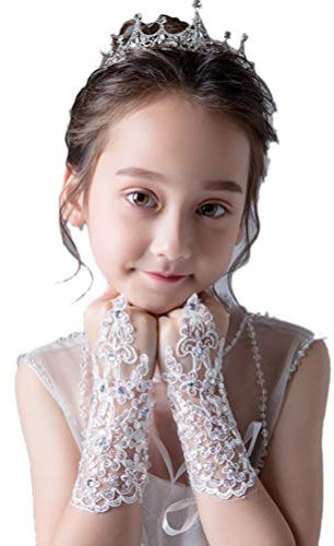 LeJulyeekay Spitze Kommunion Handschuhe Hochzeit Festzug Prinzessin Blume Mädchen Handschuhe, B-Weiß / Strass, Einheitsgröße