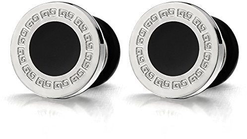 6MM Kreis Ohrstecker für Herren mit Griechischen Schlüsselmuster und Schwarzer Emaille. Ohrringe. Herren Ohrschmuck