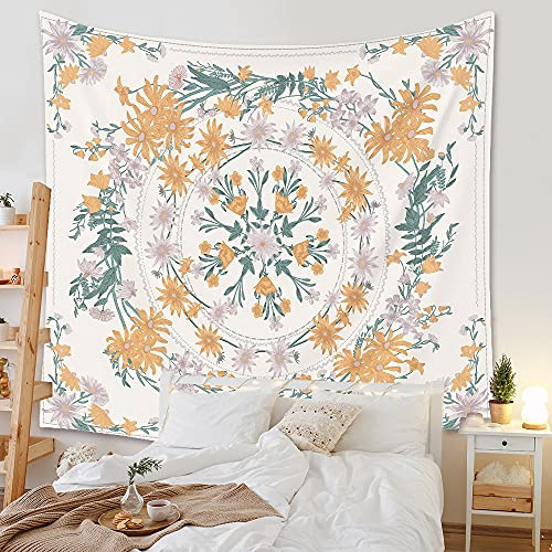 Lsimeru Boho Wandtuch Wandteppich Mandala Gelb Blumen und Pflanzen Wandtücher Wandbehang Bohemian Aesthetic Vintage Medaillon Tapestry Wall Hanging Wanddeko,180x230