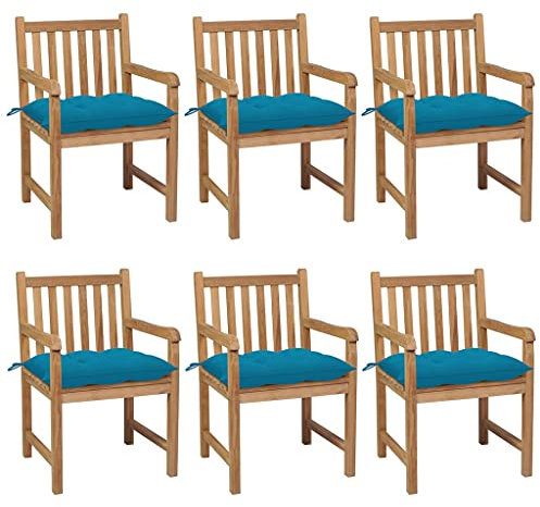 Gartenstühle 6er Set Holzstühle, Balkonstühle Gartensessel Armlehnen mit Sitzkissen in Hellblau, Balkonmöbel Terrassenmöbel Relaxsessel, Massivholz Teak 58x60x90cm